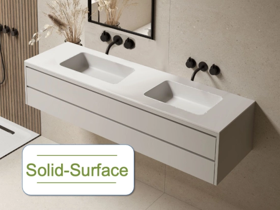 Plan vasque lavabo sur mesure : L 120 à 201 x P 40 à 51 cm, finition lisse mate, Anti bactérien, résine Akrytan® Solid-Surface teinté dans la masse, Livraison Offerte.